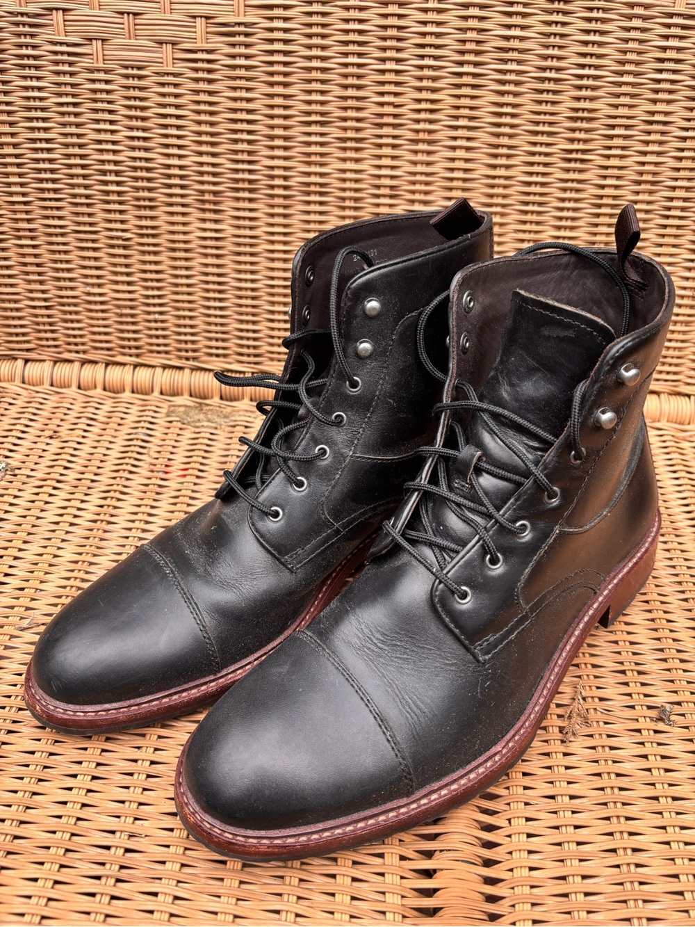Johnston & Murphy Black Leather Cap-Toe Lace-Up Boots with Brown Welt